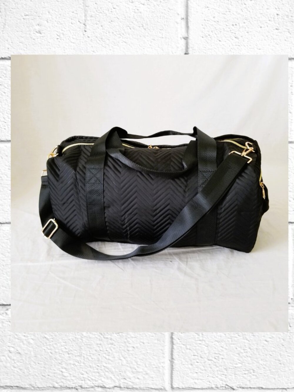 NWOT! Lightweight Black Duffel Tote w/Gold-tone Hardware & Chevron Quilt Pattern